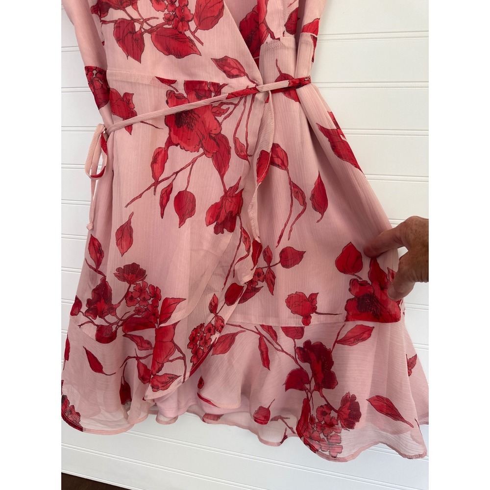 All in Favor Floral Wrap Dress Pink Red Ruffle‎ Hem Small Feminine Cottagecore - Picture 7 of 7